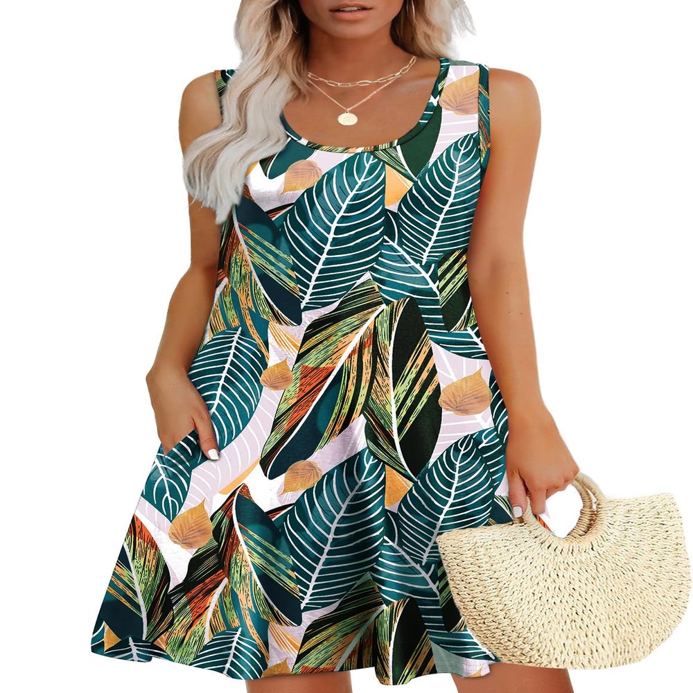 WEESO Summer Dresses for Women 2026 Loose U Neck Swing Tank Casual Dress Sundresses with Pockets Floral Frond S