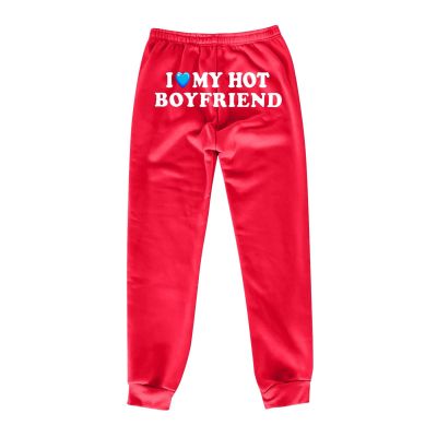 Womens Cinch Bottom Sweatpants Pockets I Love My HOT Boyfriend Letter Graphic Print Yoga Lounge Comfy Workout Jogging Pants Medium Z59-Red