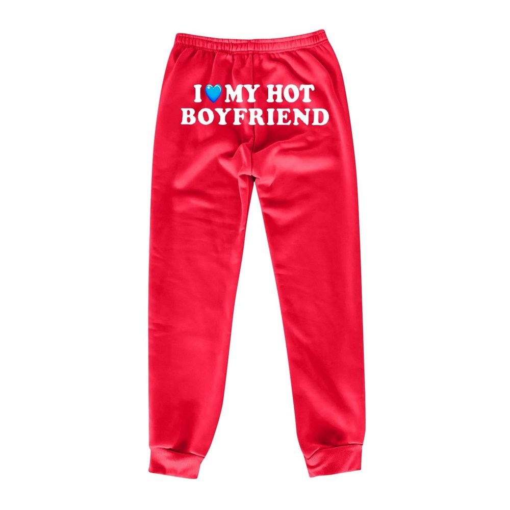 Womens Cinch Bottom Sweatpants Pockets I Love My HOT Boyfriend Letter Graphic Print Yoga Lounge Comfy Workout Jogging Pants Medium Z59-Red