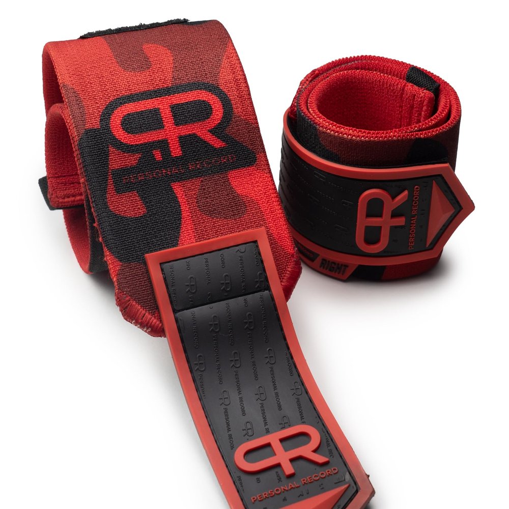 PR Personal Record Heavy Duty Premium Wrist Wraps, More Elasticity, Reinforced Stitching, Extra Wide Strap, Strong Thumb Loop, Larry Wheels Weightlifting Wraps, Lifting Wrist Wraps (Red Camo)