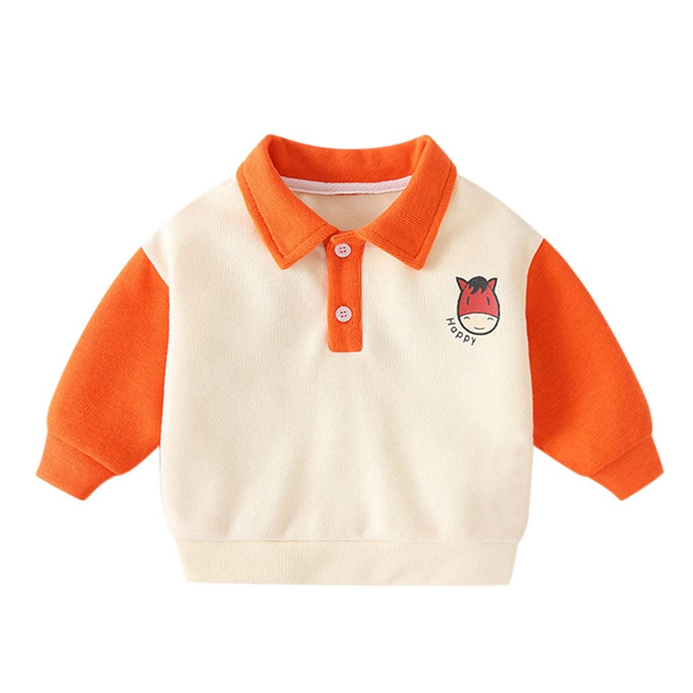 Baby Boys Cartoon Printed Lapel Shirt Toddler Long Sleeve Color Block Cotton Tops Pullover (Orange, 18-24 Months)