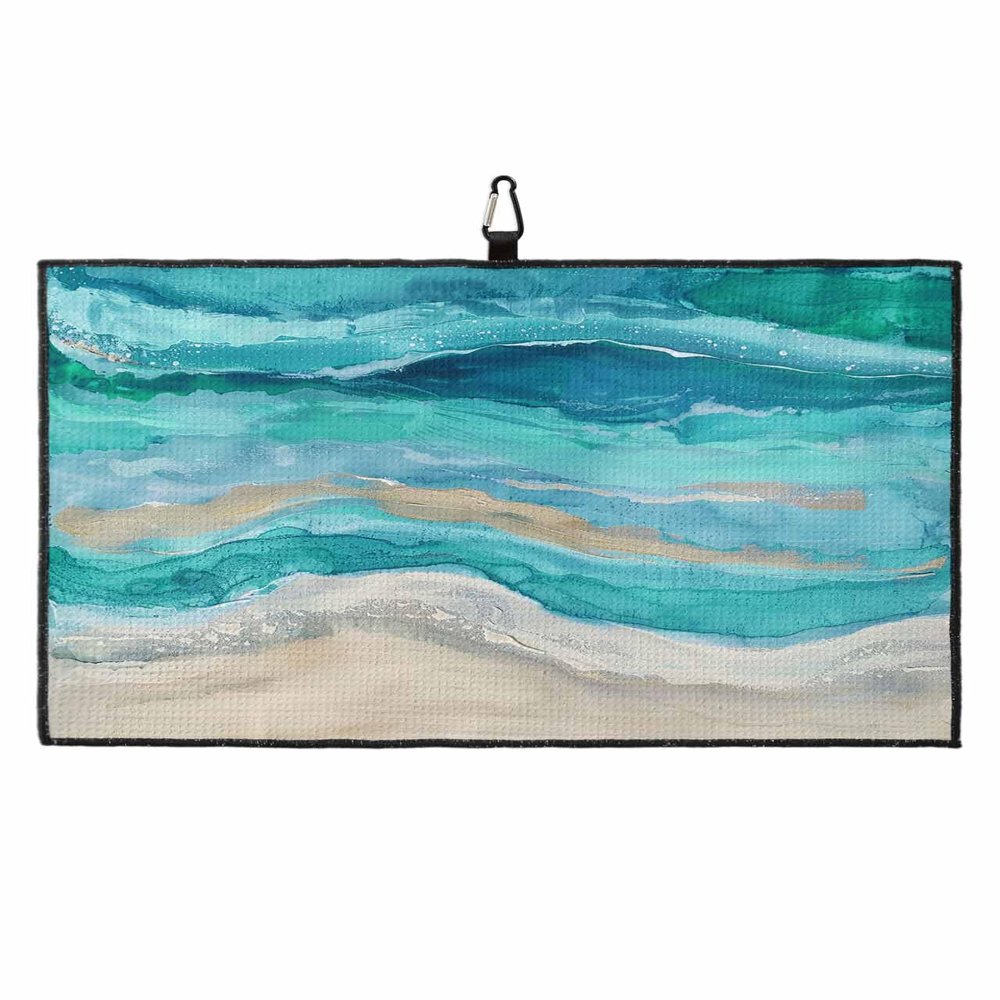 Golf Towels, Summer Wave Spray Beach Abstractive Ocean Style Ombre Turquoise Microfiber Waffle Absorbent Golf Accessories with Handy Clip for Golf Bag for Women, Men 24x16 Inch