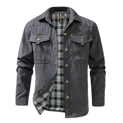 QIQICITI Men's Long Sleeved Flannel Lined Workwear Casual Button up Shirt Jacket (US, Alpha, Small, Dark Grey)