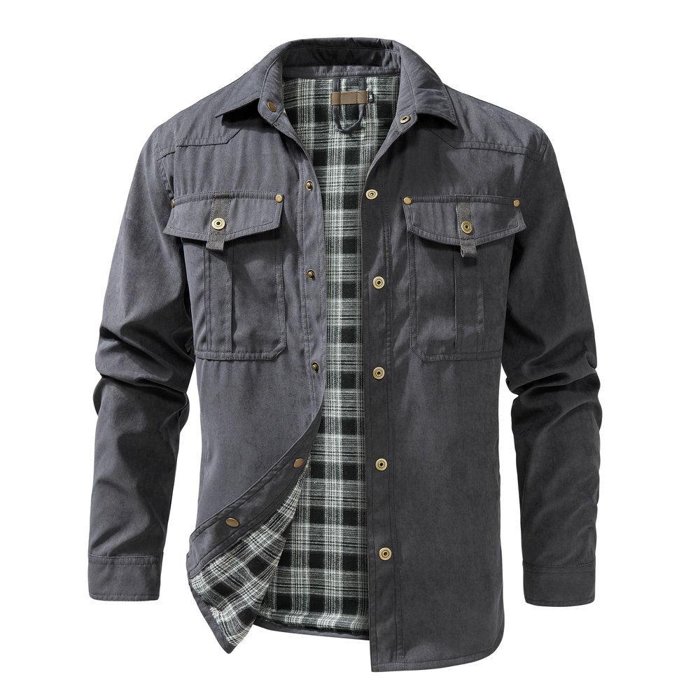 QIQICITI Men's Long Sleeved Flannel Lined Workwear Casual Button up Shirt Jacket (US, Alpha, Small, Dark Grey)