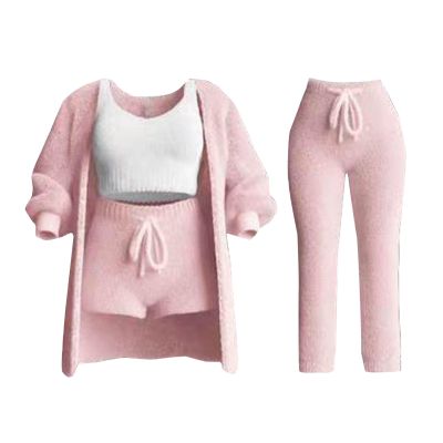 Akklian Women Fuzzy Fall Outfit Pajamas, Sherpa Cardigan Outwear Sleeveless Crop Tops Shorts & Pants Nightwear Set 3PC/4PC
