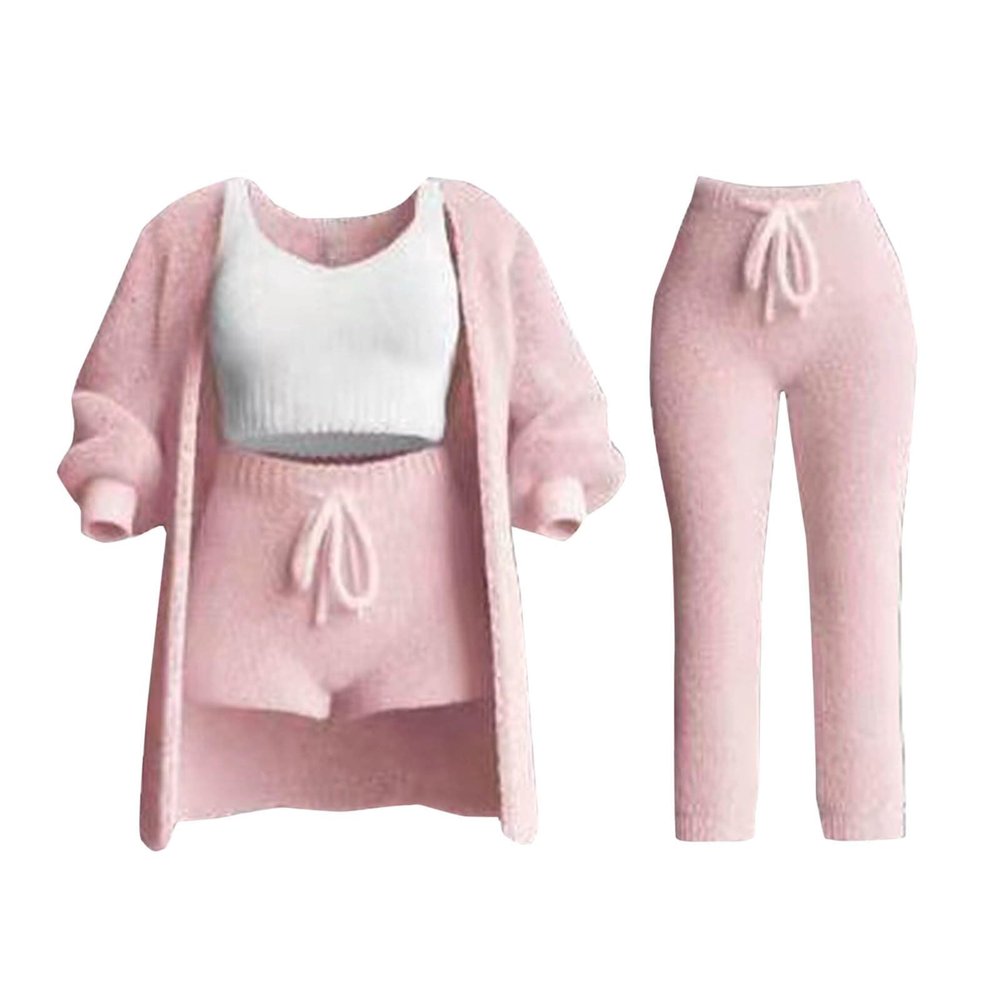 Akklian Women Fuzzy Fall Outfit Pajamas, Sherpa Cardigan Outwear Sleeveless Crop Tops Shorts & Pants Nightwear Set 3PC/4PC