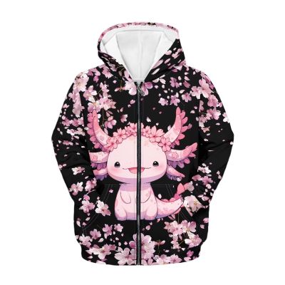 Viewamoon Axolotl Zip Hoodies for Girls Long Sleeve Shirts Cherry Blossom Sweater With Zipper For Kids Loosr Fall Outfit Fashion Cute Shirt for Girls 6-16 Age Size M