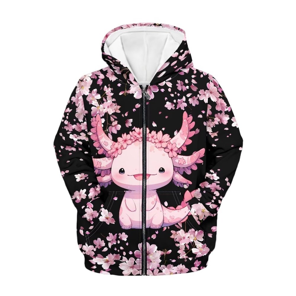 Viewamoon Axolotl Zip Hoodies for Girls Long Sleeve Shirts Cherry Blossom Sweater With Zipper For Kids Loosr Fall Outfit Fashion Cute Shirt for Girls 6-16 Age Size M