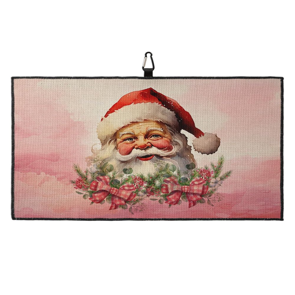 Savannan Golf Towels, Merry Christmas Santa Eucalyptus Leaves Pine Needle Bow Winter Microfiber Waffle Absorbent Golf Accessories with Handy Clip for Golf Bag for Women, Men 24x16 Inch