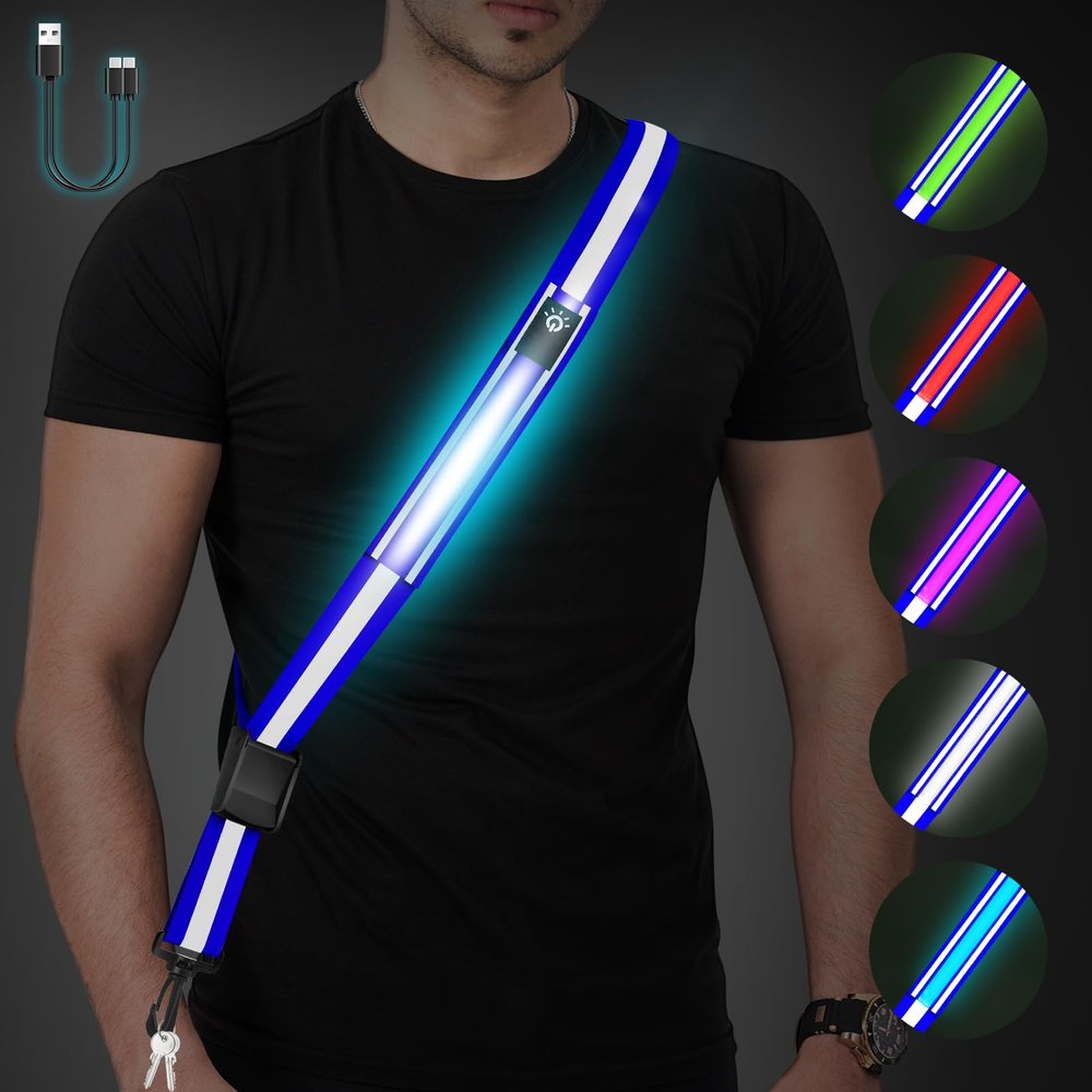 Fitense LED Reflective Belt Sash - 5 Lights Colors & 3 Light Modes High Visibility Night Safety Belt, Rechargeable Light Up Running Gear Adjustable Vest Straps for Runners Walkers Men Women