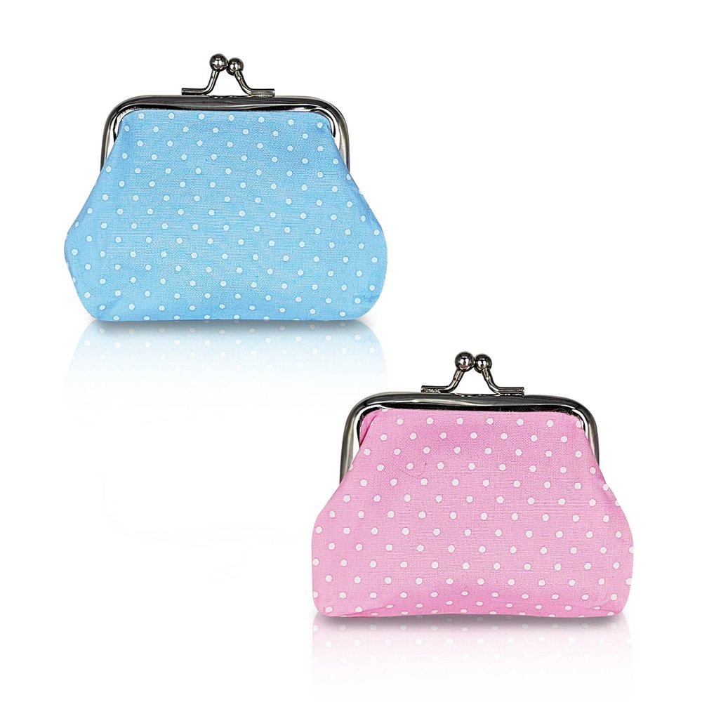 AfitLulu 2Pcs Polka Dot Coin Purse for Women, Small Change Purse Kiss Lock Coin Wallet (White+Rose Pink, Blue+Pink)