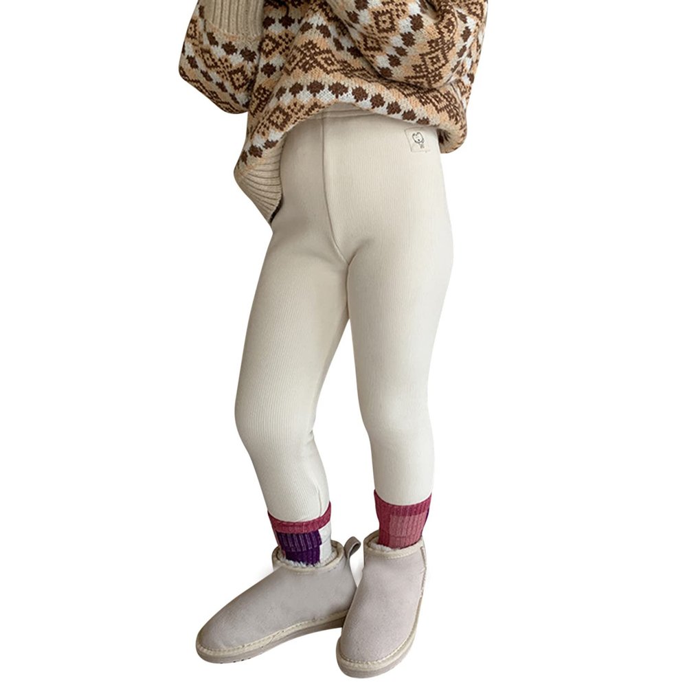 Baby Girls Winter Leggings Fleece Lined Toddler Kids Basic Solid Full Length Pants for School Girl (Beige, 5-6 Years)