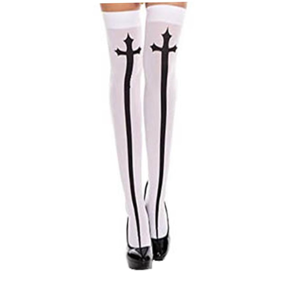 Gothic Cross Thigh High Stockings, Nun Stockings Gothic Style Socks Cross Print Stockings for Halloween Cosplay Party