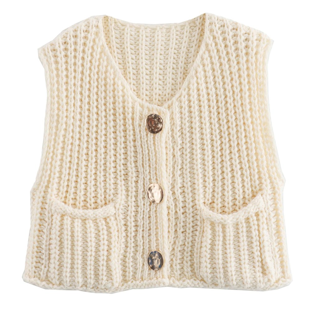 Ainangua Sleeveless Cropped Cardigan for Women Casual Chunky Knit Tank Tops Button Down Open Front Sweater Vest with Pockets(Light-Apricot,XS)