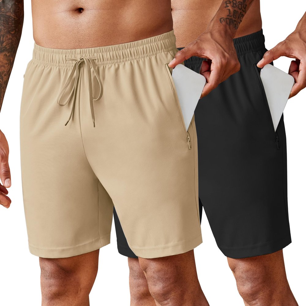 COOFANDY Men's Gym Shorts 5 Inch Athletic Workout Shorts Lightweight Casual Short with Zipper Pockets Khaki/Black