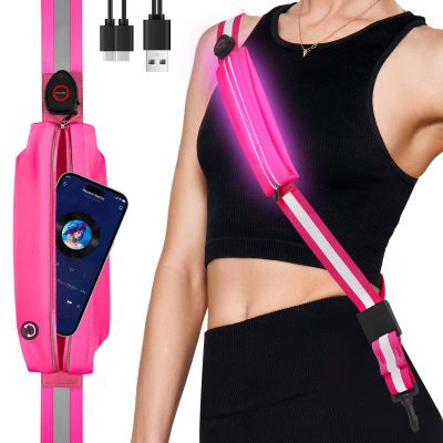 Fitense LED Reflective Belt Sash with Phone Holder, High Visibility Reflective Running Gear Rechargeable Light Up Safety Lights for Walkers for Runners Men Women