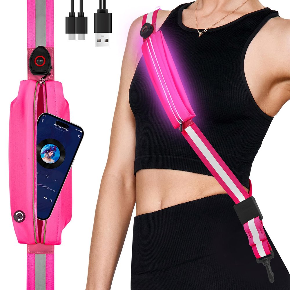 Fitense LED Reflective Belt Sash with Phone Holder, High Visibility Reflective Running Gear Rechargeable Light Up Safety Lights for Walkers for Runners Men Women
