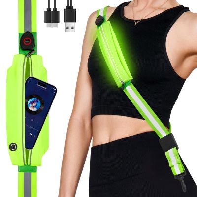 Fitense LED Reflective Belt Sash with Phone Holder, High Visibility Reflective Running Gear Rechargeable Light Up Safety Lights for Walkers for Runners Men Women