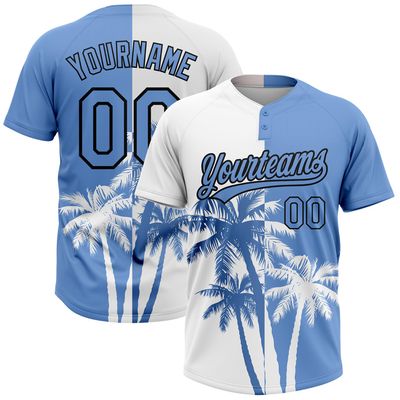 Personalized White and Light Blue Palm Tree Pattern Two Button Baseball Jerseys, Custom Hawaiian Softball Shirts Sports Uniforms Stitched Name Number Logo for Men Women Youth, Design Team T-Shirts