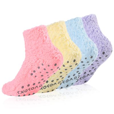 Revosoxs Fuzzy Grip Socks for Women Men,Thick Warm Slipper Cozy Fluffy Non Slip Ankle Valentines Fuzzy socks With Grips.Pink+Yellow+Light Blue+Purple