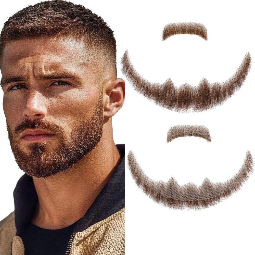 Miyamarch Human Hair Fake Beard & Fake Mustache - Realistic Costume Facial Hair for Men, Suitable for Theatrical, Funny Cosplay, Drama, Party, Movie, Halloween & Festivals(Style 3) Brown