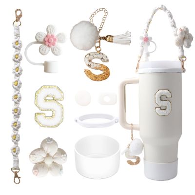 1ze1ziyo 9PCS Cup Accessories Set for Stanley Cup 30oz 40oz Tumbler - Including Water Bottle Handle Strap,Straw Cover Cap,Spill Proof Stoppers,Boot,Initials Letter Charm,Sticker,Flower,Letter S,White