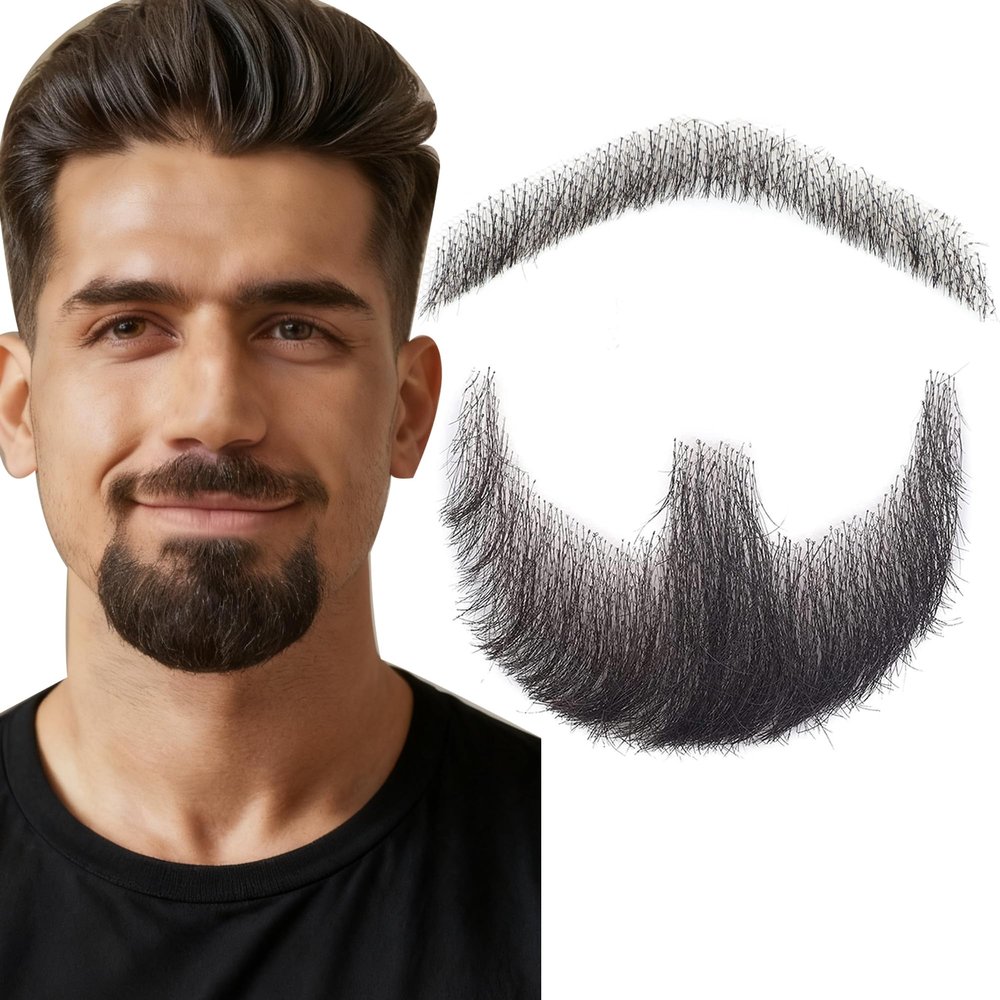 Fake Beard Fake Mustache Human Hair Full Hand Tied Lace Facial Hair Black Realistic Goatee Beard Festival Costume Beard Parties Cosplay (Style 1)