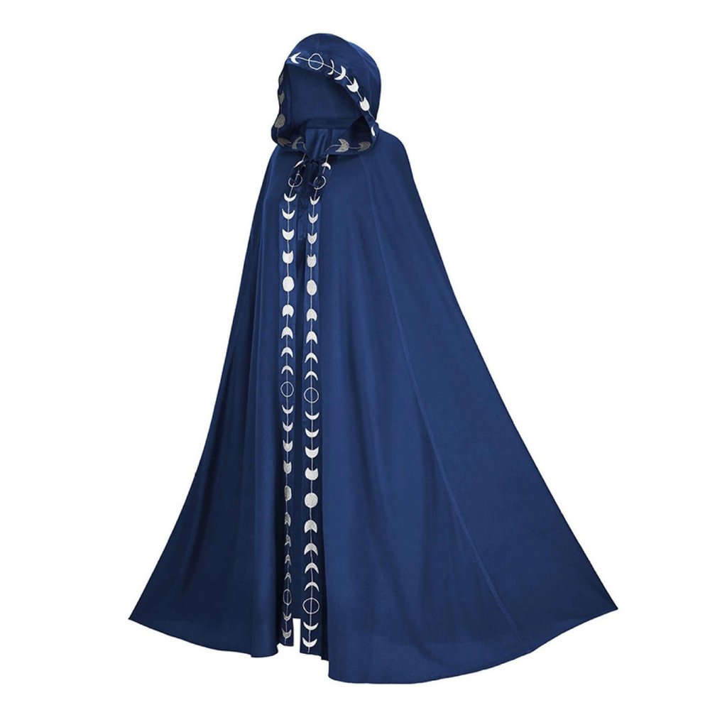 Wizard Cloak 61 IN Long Hooded Flower Brim Halloween Cloak Adult Renaissance Medieval Drawstring Black Cape Unisex Gothic Wizard Robe for Christmas Masquerade Blue 2XL-3XL Black Cape Wizard Robe Hall