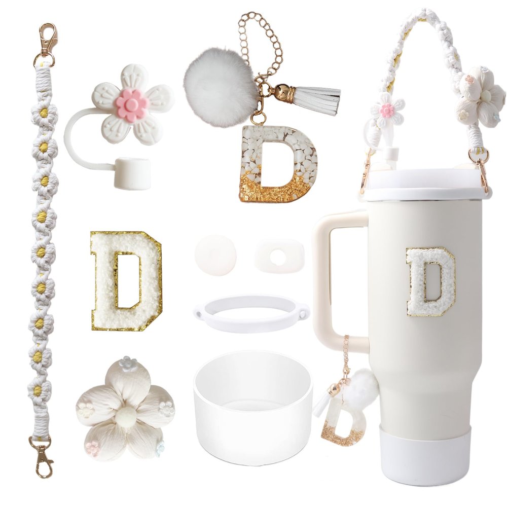 1ze1ziyo 9PCS Cup Accessories Set for Stanley Cup 30oz 40oz Tumbler - Including Water Bottle Handle Strap,Straw Cover Cap,Spill Proof Stoppers,Boot,Initials Letter Charm,Sticker,Flower,Letter D,White