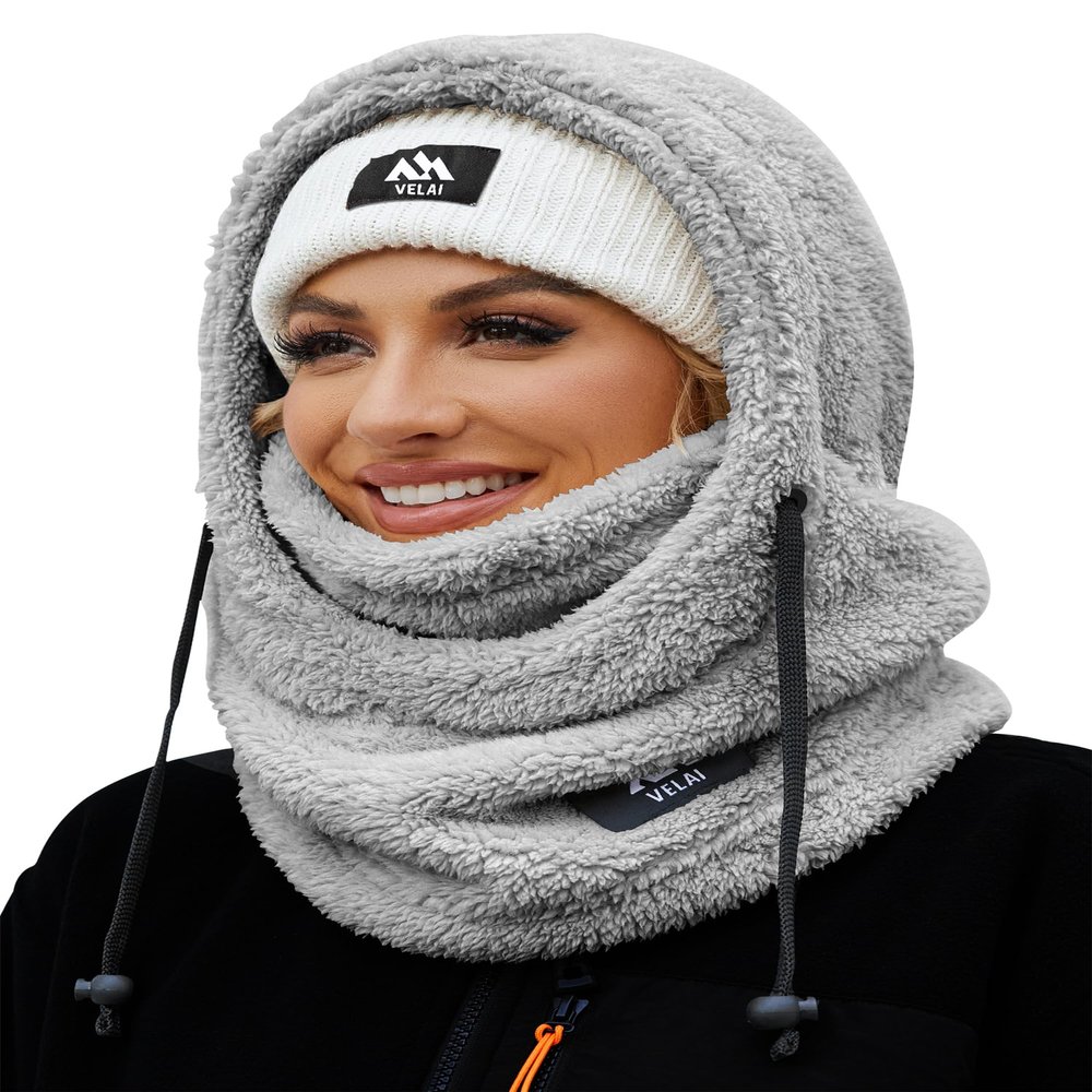 VELAI Balaclava Fleece Ski Mask for Men Women Winter Face Masks Windproof Hooded Scarf Cold Weather Hat Neck Warmer(Grey)
