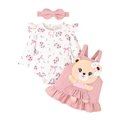 12 Month Girl Clothes Suspender Skirt Newborn Ruffled Flower Romper + Cute Bear Dress + Headband Fall Winter Outfits 3 Pcs Pink 9-12 Months