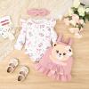 12 Month Girl Clothes Suspender Skirt Newborn Ruffled Flower Romper + Cute Bear Dress + Headband Fall Winter Outfits 3 Pcs Pink 9-12 Months view 2
