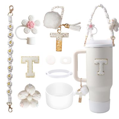 1ze1ziyo 9PCS Cup Accessories Set for Stanley Cup 30oz 40oz Tumbler - Including Water Bottle Handle Strap,Straw Cover Cap,Spill Proof Stoppers,Boot,Initials Letter Charm,Sticker,Flower,Letter T,White