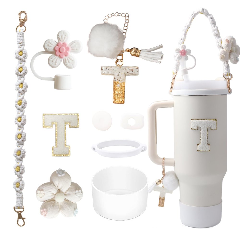 1ze1ziyo 9PCS Cup Accessories Set for Stanley Cup 30oz 40oz Tumbler - Including Water Bottle Handle Strap,Straw Cover Cap,Spill Proof Stoppers,Boot,Initials Letter Charm,Sticker,Flower,Letter T,White