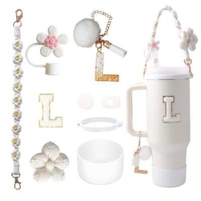 1ze1ziyo 9PCS Cup Accessories Set for Stanley Cup 30oz 40oz Tumbler - Including Water Bottle Handle Strap,Straw Cover Cap,Spill Proof Stoppers,Boot,Initials Letter Charm,Sticker,Flower,Letter L,White