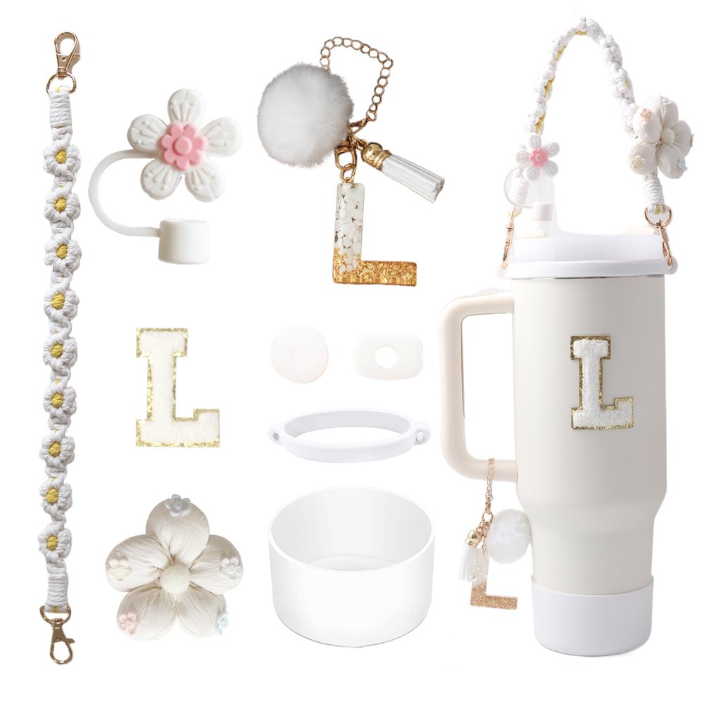 1ze1ziyo 9PCS Cup Accessories Set for Stanley Cup 30oz 40oz Tumbler - Including Water Bottle Handle Strap,Straw Cover Cap,Spill Proof Stoppers,Boot,Initials Letter Charm,Sticker,Flower,Letter L,White