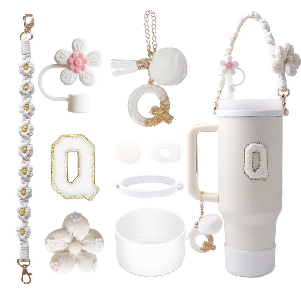 1ze1ziyo 9PCS Cup Accessories Set for Stanley Cup 30oz 40oz Tumbler - Including Water Bottle Handle Strap,Straw Cover Cap,Spill Proof Stoppers,Boot,Initials Letter Charm,Sticker,Flower,Letter Q,White