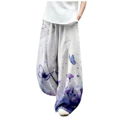 DMOYALA Women's Cotton Linen Pants Casual Baggy Pants Boho Printed Elastic High Waist Relax Fit Lantern Trouser Plus Size Linen Pants Women Wide Leg Sweatpants Women Purple White Butterfly M