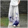 DMOYALA Women's Cotton Linen Pants Casual Baggy Pants Boho Printed Elastic High Waist Relax Fit Lantern Trouser Plus Size Linen Pants Women Wide Leg Sweatpants Women Purple White Butterfly M view 2