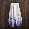 DMOYALA Women's Cotton Linen Pants Casual Baggy Pants Boho Printed Elastic High Waist Relax Fit Lantern Trouser Plus Size Linen Pants Women Wide Leg Sweatpants Women Purple White Butterfly M view 4