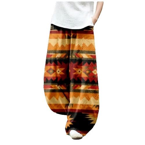 DMOYALA Women's Cotton Linen Pants Casual Baggy Pants Boho Printed Elastic High Waist Relax Fit Lantern Trouser Plus Size Western Aztec Linen Pants Women Wide Leg Sweatpants Women Vinatge S