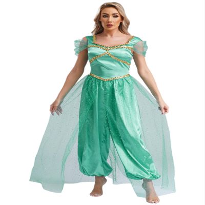 Moily Women's Arabian Princess Halloween Costume Sequins Belly Dance Jumpsuit Bollywood Romper Bloomers Turquoise 3X-Large