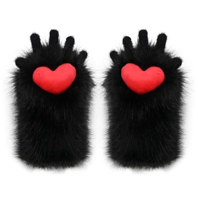 IPENNY Womens Cute Cat Kitten Paw Gloves Furry Plush Cat Paw Fingerless Mitten Halloween Costume Accessory (Black-Red, One Size)