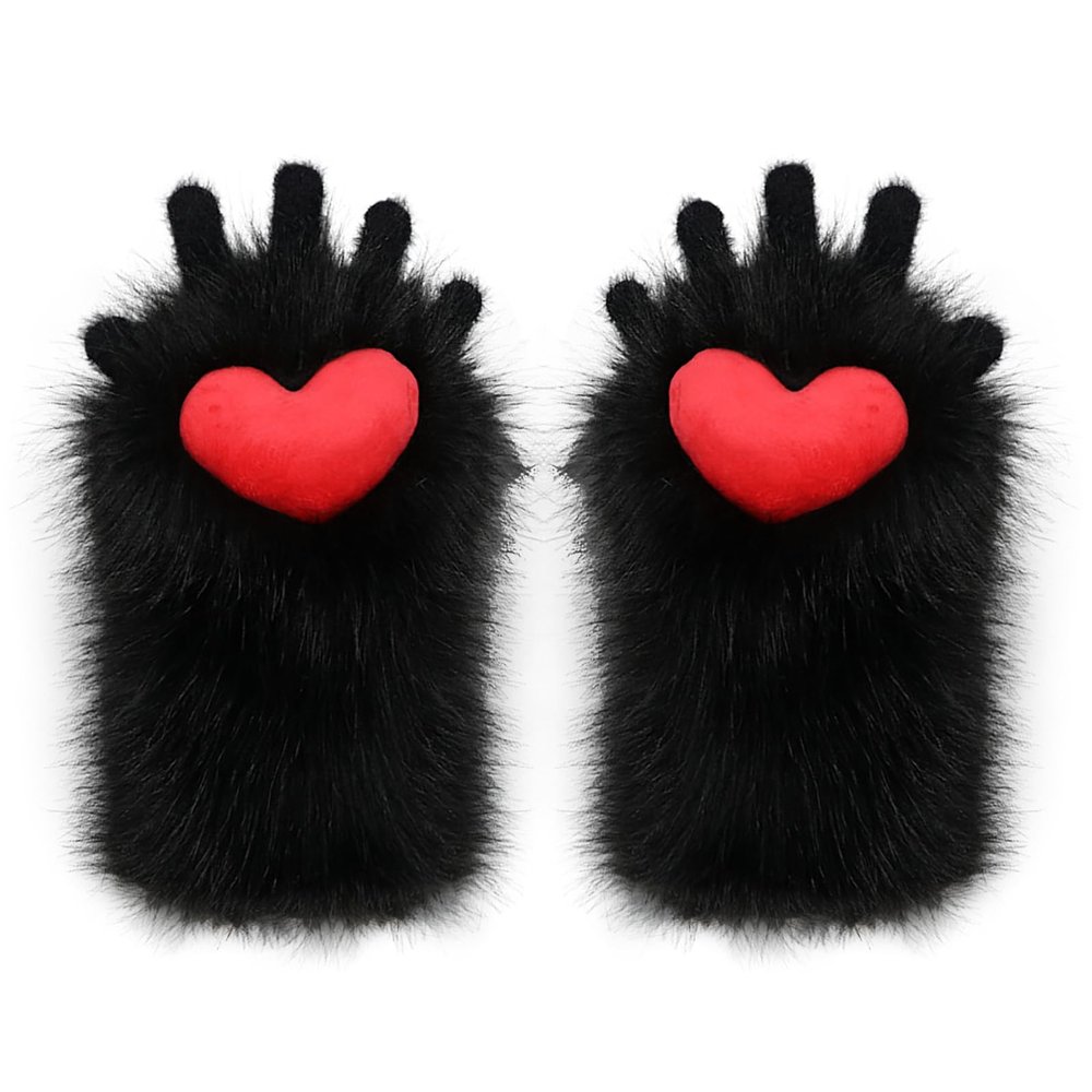 IPENNY Womens Cute Cat Kitten Paw Gloves Furry Plush Cat Paw Fingerless Mitten Halloween Costume Accessory (Black-Red, One Size)