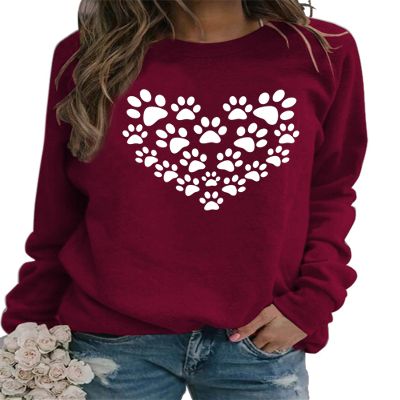 ZUNQKG Womens Dog Paw Sweatshirt Heart Printed Crewneck Long Sleeve Pullover Loose Dog Mom Sweatshirts Red L