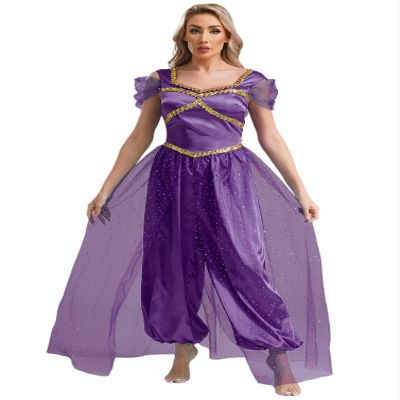 Moily Women's Arabian Princess Halloween Costume Sequins Belly Dance Jumpsuit Bollywood Romper Bloomers Dark Purple XX-Large
