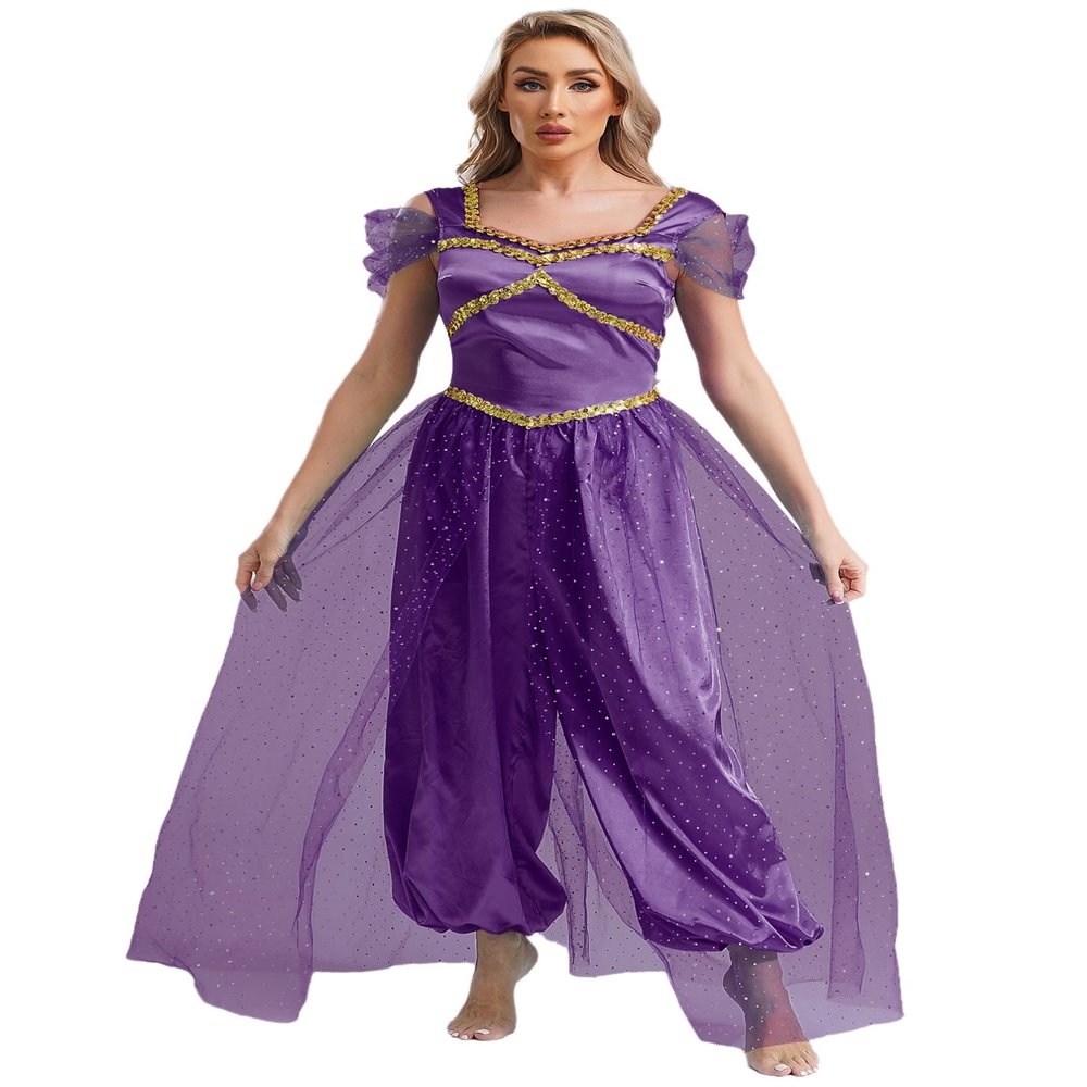Moily Women's Arabian Princess Halloween Costume Sequins Belly Dance Jumpsuit Bollywood Romper Bloomers Dark Purple XX-Large