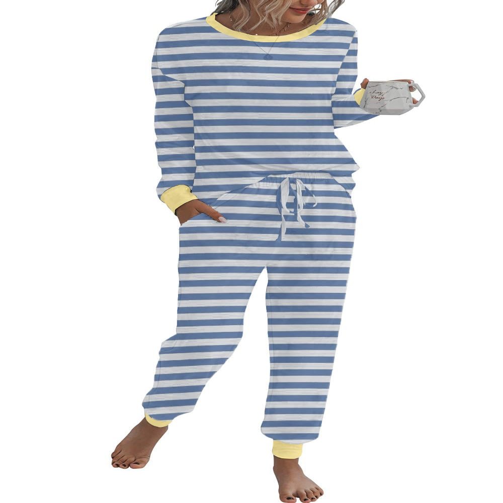 Sunidol Women 2 Piece Lounge Sets Striped Long Sleeve Tee Shirts Long Pant Loungewear Set Ribbed Pajama Set Blue M