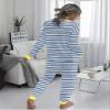 Sunidol Women 2 Piece Lounge Sets Striped Long Sleeve Tee Shirts Long Pant Loungewear Set Ribbed Pajama Set Blue M view 3