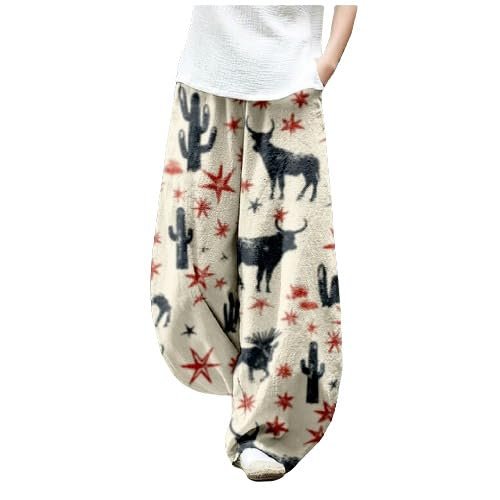 DMOYALA Women's Cotton Linen Pants Casual Baggy Pants Boho Printed Elastic High Waist Relax Fit Lantern Trouser Plus Size Linen Pants Women Wide Leg Sweatpants Women Cowgirl Horse Print M